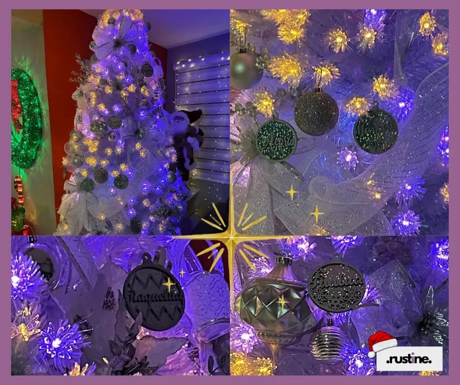 Collage real de un árbol blanco iluminado, decorado con esferas personalizadas de Rustine y acercamientos a sus diseños.